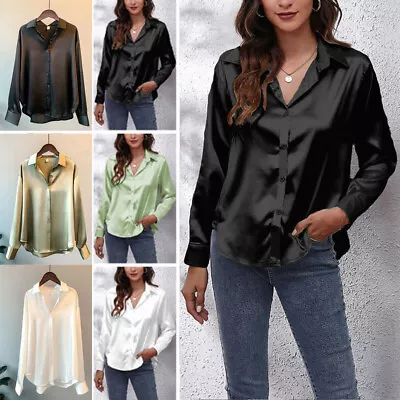 Silk Satin Women Shirt Button Up Loose Office Lapel Long Sleeve Lady Shirts Top • $16.10