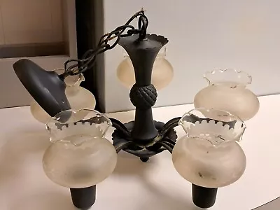 Vintage Mid Century Metal 5 Arm Chandelier W Ruffled Frosted Glass Shades *READ* • $40