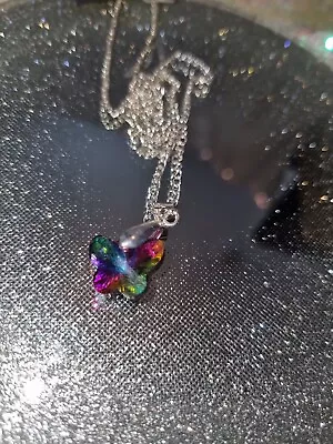 Rainbow Mulitcoloured Iridescent Crystal Sparkly Butterfly Pendant Neckless  • £6