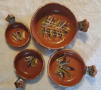 Mexican Pottery Redware Clay Nesting Bowls W/Handles 1950's Hand Made • $44.95