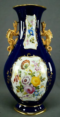 Minton Hand Painted Floral Gold & Cobalt Chinese Form Dragon Handle Vase C. 1820 • $995