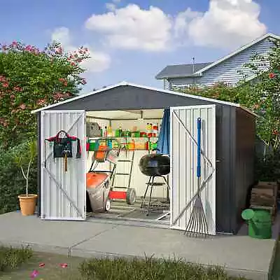 10X8FT Metal Garden Shed Apex Roof With Free Foundation Storage House Anthracite • £369.99