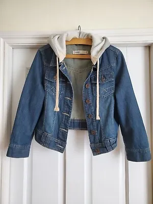 New Look Yes Yes Blue Cropped Denim Jacket Detachable Hood+12/14 Excellent • £17