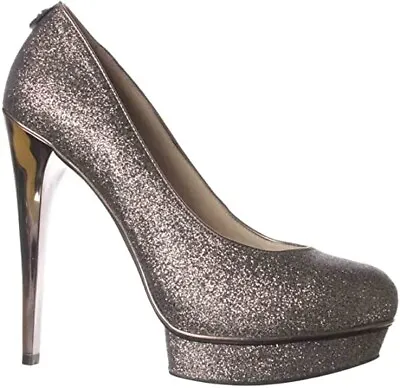 Michael Kors NEW Gideon Pump Gunmetal Gray Glitter Sparkle Leather Heels 6M • $29.99