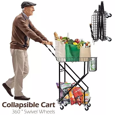 Collapsible Carts 2-Tier Foldable Shopping Cart Grocery Cart With Storage Basket • $59.99