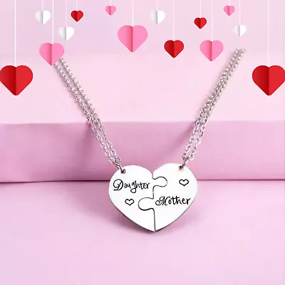 Necklace Mother Daughter Love Heart Puzzle 2 Pcs Stainless Steel Adjustable • $10.49