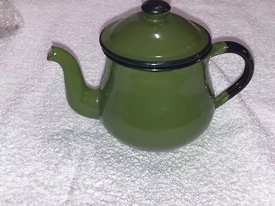 Enamelware Small Olive Teapot  With Black Trim As Seen • $13