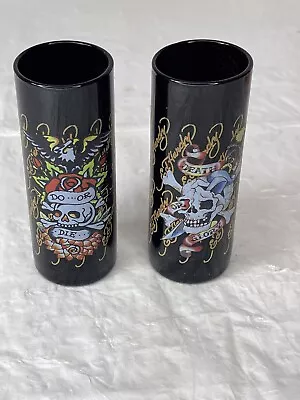 Don Ed Hardy Designs Black Glasses Tall Shot Glasses Skull Eating Heart Design • $9.77