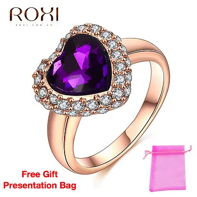 Love Heart Rose Gold Plated Ring Zircon Purple - Engagement Christmas Gift • £3.49