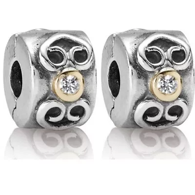 (PAIR) PANDORA 14k And 925 DOUBLE HEART DIAMOND CLIPS CHARM 790382D RARE • £184.88