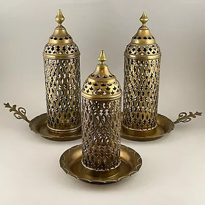 Vtg Brass Plated?? Pierced Candle Holder Lantern Moroccan Boho Style Set Of 3 • $124.95