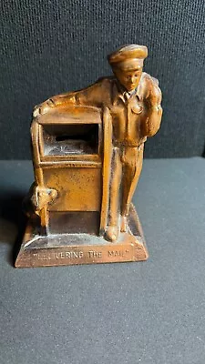 Vintage USPS Mailman  Delivering The Mail  Bronzed Metal Coin Bank Mailbox Bag • $55