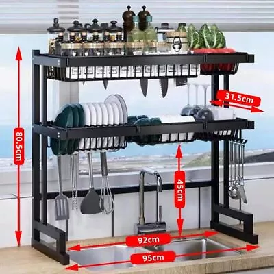 95cm Double-Tier Dish Drying Rack Drainer Over Sink Steel Cup Cutlery Organizer • $70.99