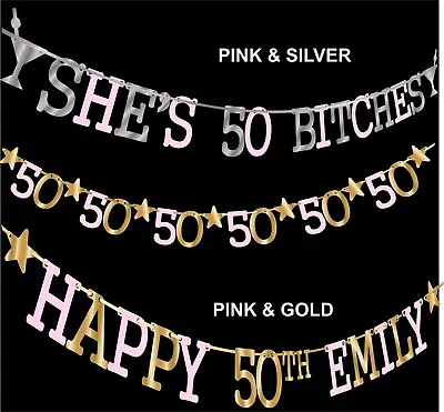 50th PERSONALISED HAPPY BIRTHDAY BUNTING BANNER GOLD BLACK SHE'S 50 BITCHES • £5.79
