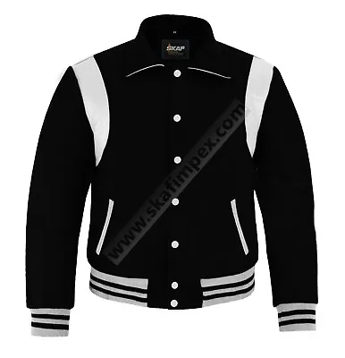 Men Retro Jacket Collared Classic Varsity Baseball Jacket Letterman Wool Leather • $139.99