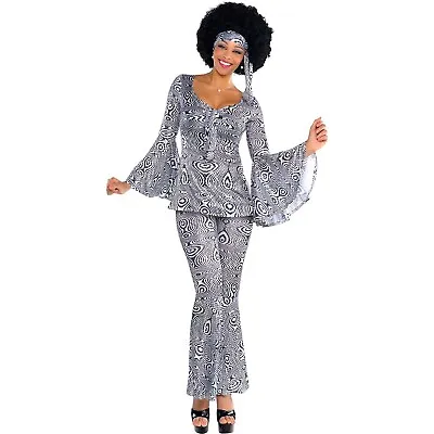 Dancing Queen Costume Ladies 1970's Fancy Dress 70s Disco Diva Groovy Size 8-20 • £27.99