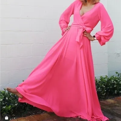 NEW Meghan Los Angeles Sz Large Lilypad Wrap Maxi Dress In Hot Pink Barbie • $62.40