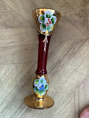 Handpainted Czech Bud Vase Cranberry 24k Gold Paint • £6