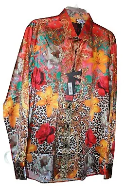 Men's Vassari Long Sleeve Button Up Orange Baroque Leopard Designer Shirt SZ L • $38.95