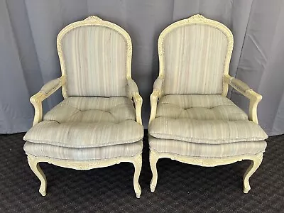 Vintage ARM CHAIR PAIR French Provincial Wood Upholstered Set Side Louis Xv Club • $450