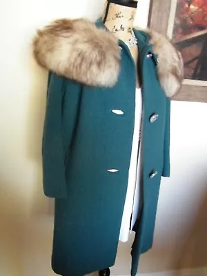 WOOL Teal Blue Jacket W Plush FOX FUR Collar Swing COAT Parka Vintage Womens 8 • $135