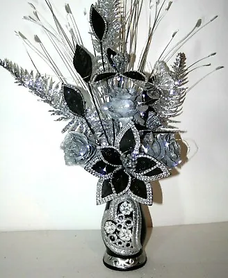 £27.99 • Buy Artificial Flowers Black & Silver Glitter Arrangement In Vase Lights Up.