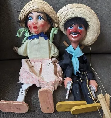 Vtg Mexican Marionette Puppet Couple Set Gunslinger Señorita Cowboy Paper Mache • $39.99