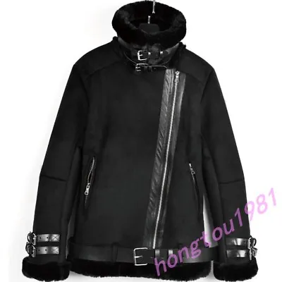 Mens Chic Fur Lining Lapel Collar Leather Warm Flight Bomber Jacket Black Coat • $96.24