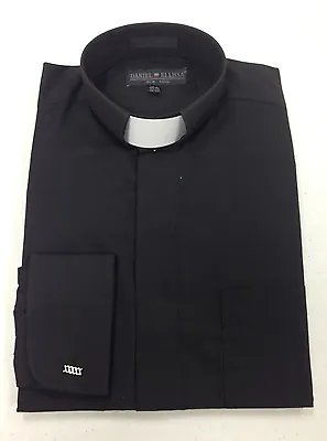 Men's Clerical Clergy Preacher Tab Collar Shirt Black Long Sleeves • $22.99
