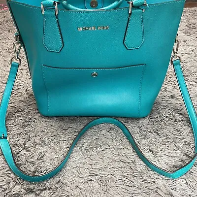 MICHAEL KORS Greenwich Purse Aquamarine Teal Saffiano Leather Satchel Bag Tote • $89.96