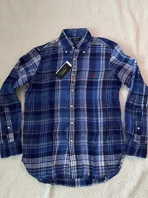 New Polo Ralph Lauren Custom Fit 100% Linen Men's Blue Check Shirt Size L • £60