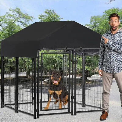 Black Powder Coat Steel Frame Dog Kennel Pet Playpen Enclosure Dog House W Roof • $179.97