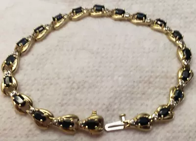 $299.99 • Buy 10k Yellow Gold Midnight Natural Blue Sapphire Diamond 7.5  Tennis Link Bracelet