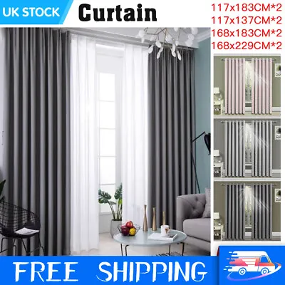 £14.99 • Buy Set Of 2 Panel Thick Thermal Blackout Fabric Curtains Top Ready Made Eyelet Ring