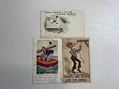 3 Vintage Comic Men Postcards - Noose - Bedbugs - Boating • $4.99