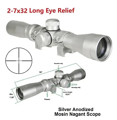 Silver Mosin Nagant 2-7x32 Long Eye Relief Scout Scope W Low Profile Ring Mount • $59.99
