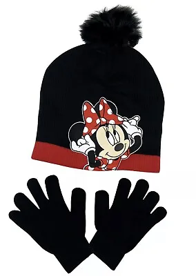 Disney Girls MInnie Mouse Hat Knit Beanie Pom Pom Gloves Black 2-Piece Set • $8.76