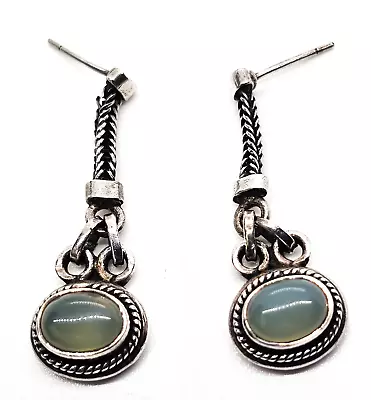 Chalcedony Green Gemstone Vintage Drop Chain Bali Drop Sterling Silver Earrings • $36