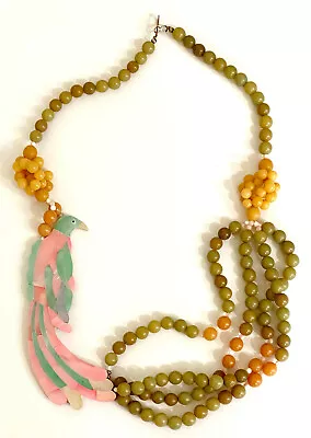 Vintage Mother-of-Pearl Pastel Inlay Parrot / Macaw Necklace ~ Knotted Beads • $34.99
