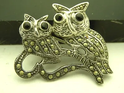 Vintage Two Owls On A Branch Sterling Silver 925 Marcasite 1980's Black Onyx Pin • $18