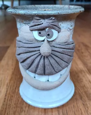 RARE VTG Handmade Stoneware Pottery Funny Man Face Utensil Crock Mustache Vase • $15.99