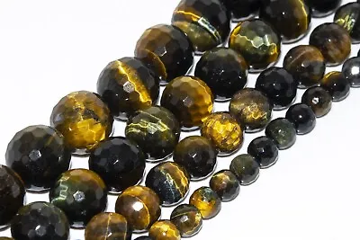 Natural Hawk Eye Yellow Blue Tiger Eye AAA Micro Faceted Round Beads 6/8/10/12MM • $8.88