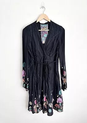 Desigual Black Floral V-neck Tie Waist Fit & Flare Long Sleeve Dress Size 42 • $34