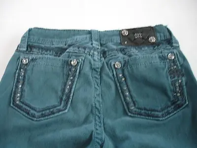MISS ME Denim Girls Crystals Rhinestones Low Rise Skinny Teal Jeans Size 14 • $24.71