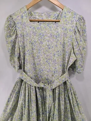 Laura Ashley 10 Dress Floral Blue Green Cottage Core Maxi Praire Puff 80s Square • $149.99