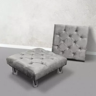 Chesterfield Footstool Plush Velvet Foot Stool Upholstered Wooden Legs Pouffe UK • £39.99