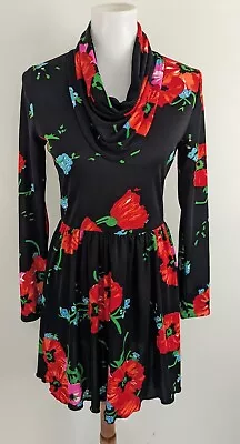 Vintage 70s Mini Dress Silky Poly Knit Mod Black Red Poppy Floral Hippy S 6 8  • $47.24