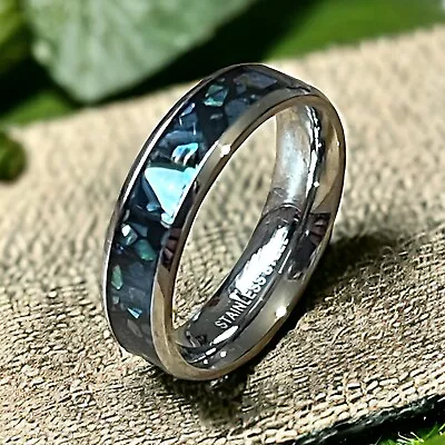 SIZE V - Mens Abalone Shell 6mm Wide Bevelled Band Ring • £8.99