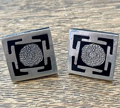 Alpaca Onyx Cufflinks Aztec Calendar Mexico Vintage • $20