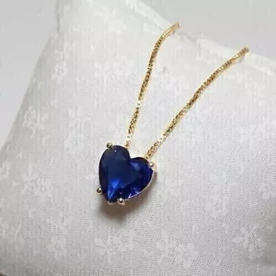 2CT Heart Cut Lab Created Sapphire Solitaire Pendant 14K Yellow Gold Plated • $129.59
